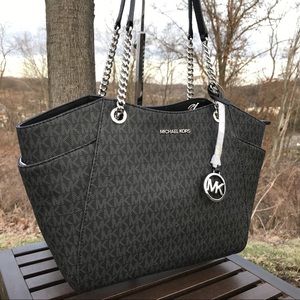 Michael Kors Jet Set Travel Large Chain Shoulder Tote Black Monogram Canvas